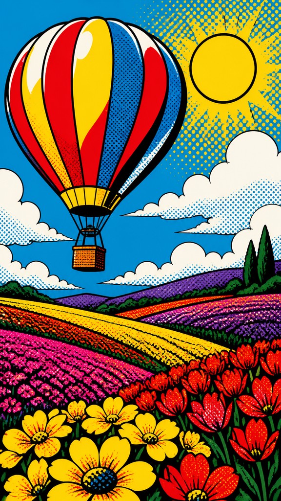 a hot air balloon drifting over rolling flower fields on a sunny day, cheerful, no text