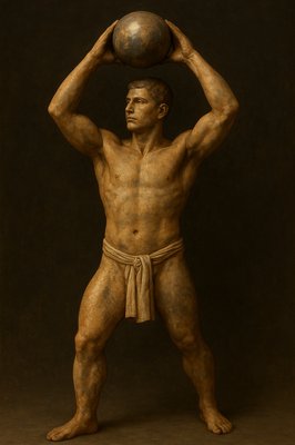 a statue of a man holding a ball on his head