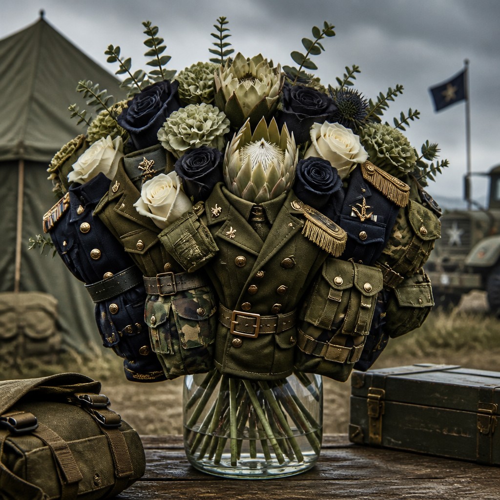 bouquet of flowers in a glass vase — Military-Inspired Fashion
