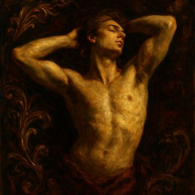 a painting of a man with no shirt on