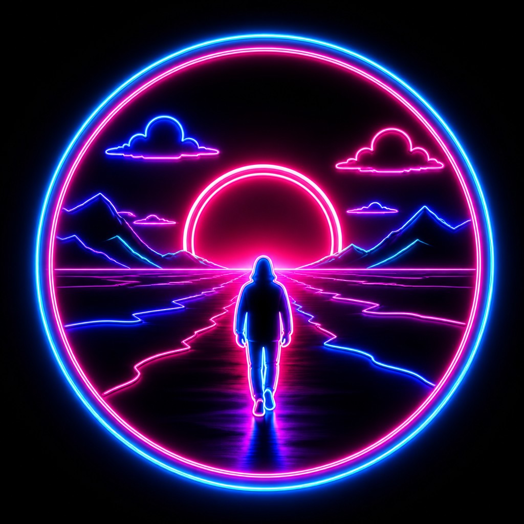 a solitary figure walking toward a glowing horizon across an empty plain, moody atmosphere, no text or lettering