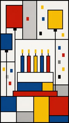 a birthday cake with lit candles surrounded by balloons and confetti, festive vertical composition, no text