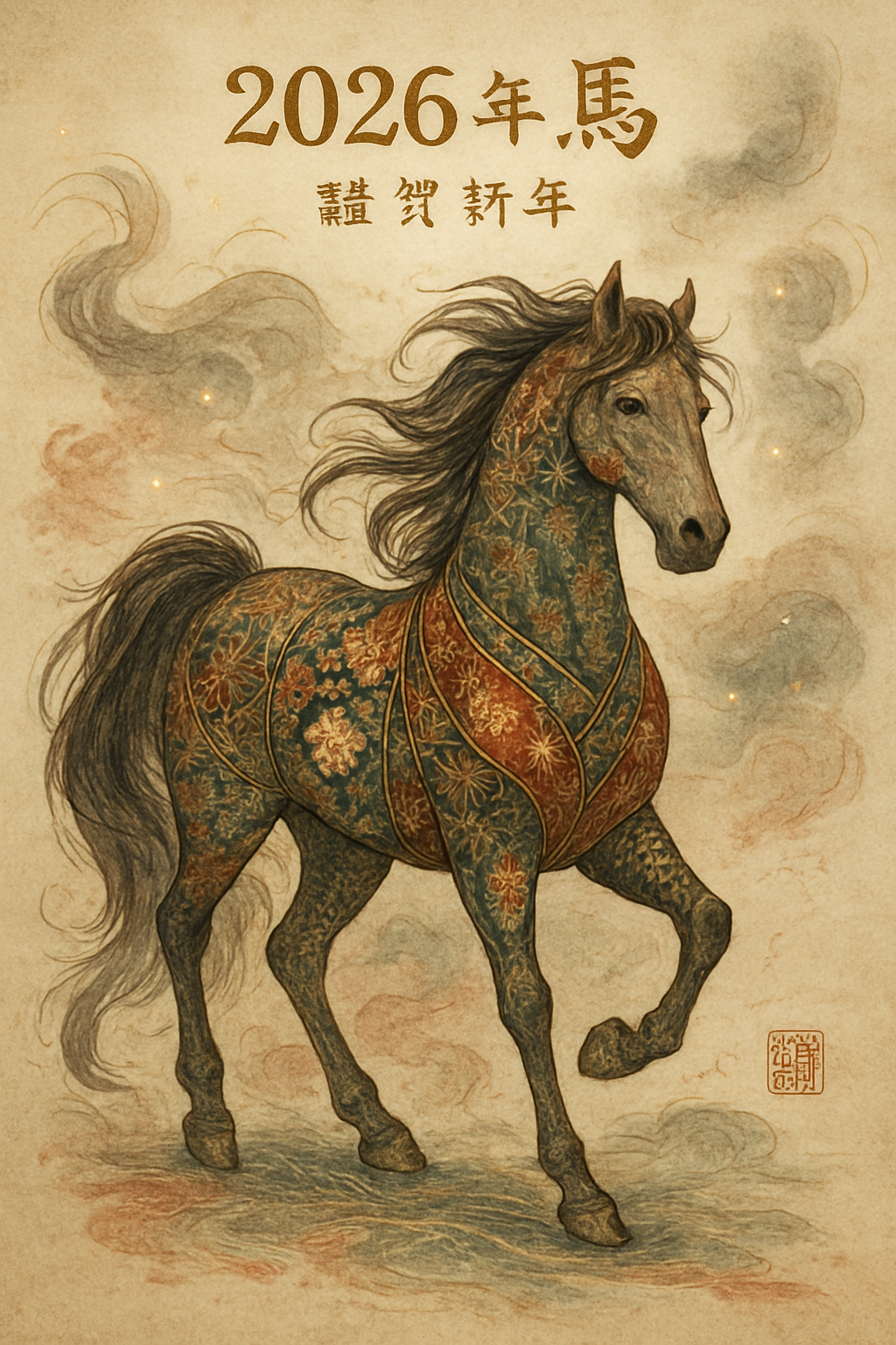 Masterpiece of Japanese fantasy illustration, ultra-detailed, refined high-end aesthetic, majestic horse as a Shōgatsu New Year symbol, complete and graceful form, body adorned with intricate traditional Japanese motifs inspired by kimono textiles and Edo-period patterns, including seigaiha waves, asanoha geometry, and subtle sakura accents, delicate gold leaf and fine metallic ink tracing contours, ultra-fine linework with hand-inked precision, standing against a minimal washi-paper background in soft ivory with muted crimson and ink-black accents, flowing mane and tail with elegant, elongated motion conveying calm strength and forward momentum, mid-shot, front-facing composition, balanced use of negative space, refined textile-like textures, quiet ceremonial atmosphere, 8K resolution, hyper-detailed yet painterly rendering, museum-quality illustration, subtle gold calligraphy text at top reading “2026 年 馬” with a smaller inscription “謹賀新年”, in the style of Japanese ink illustration blended with contemporary fantasy art, delicate line-art, restrained color palette, timeless and elegant