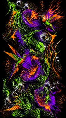 a climbing vine of flowers and hummingbirds on a dark background, tall wrapping composition, no text