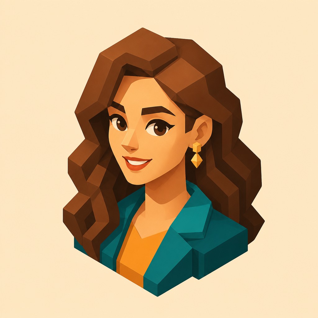head-and-shoulders portrait of an original character: a young woman with wavy chestnut hair and a warm smile, plain soft backdrop