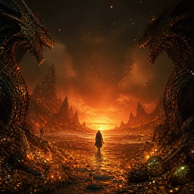 a solitary figure walking toward a glowing horizon across an empty plain, moody atmosphere, no text or lettering