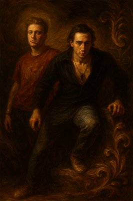 a painting of two men sitting next to each other