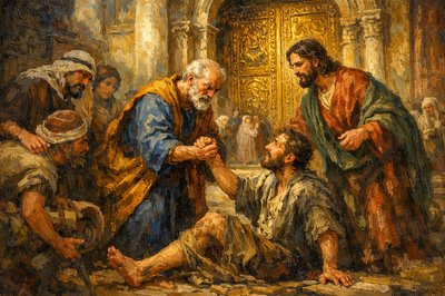 First century Jerusalem at the "gate beautiful" to the temple grounds.  Peter and John were going up to the temple at the hour of prayer, the ninth hour. And a man lame from birth was being carried, whom they laid daily at the gate of the temple that is called the Beautiful Gate to ask alms of those entering the temple. Seeing Peter and John about to go into the temple, he asked to receive alms. And Peter directed his gaze at him, as did John, and said, “Look at us.” And he fixed his attention on them, expecting to receive something from them. But Peter said, “I have no silver and gold, but what I do have I give to you. In the name of Jesus Christ of Nazareth, rise up and walk!” And he took him by the right hand and raised him up, and immediately his feet and ankles were made strong.