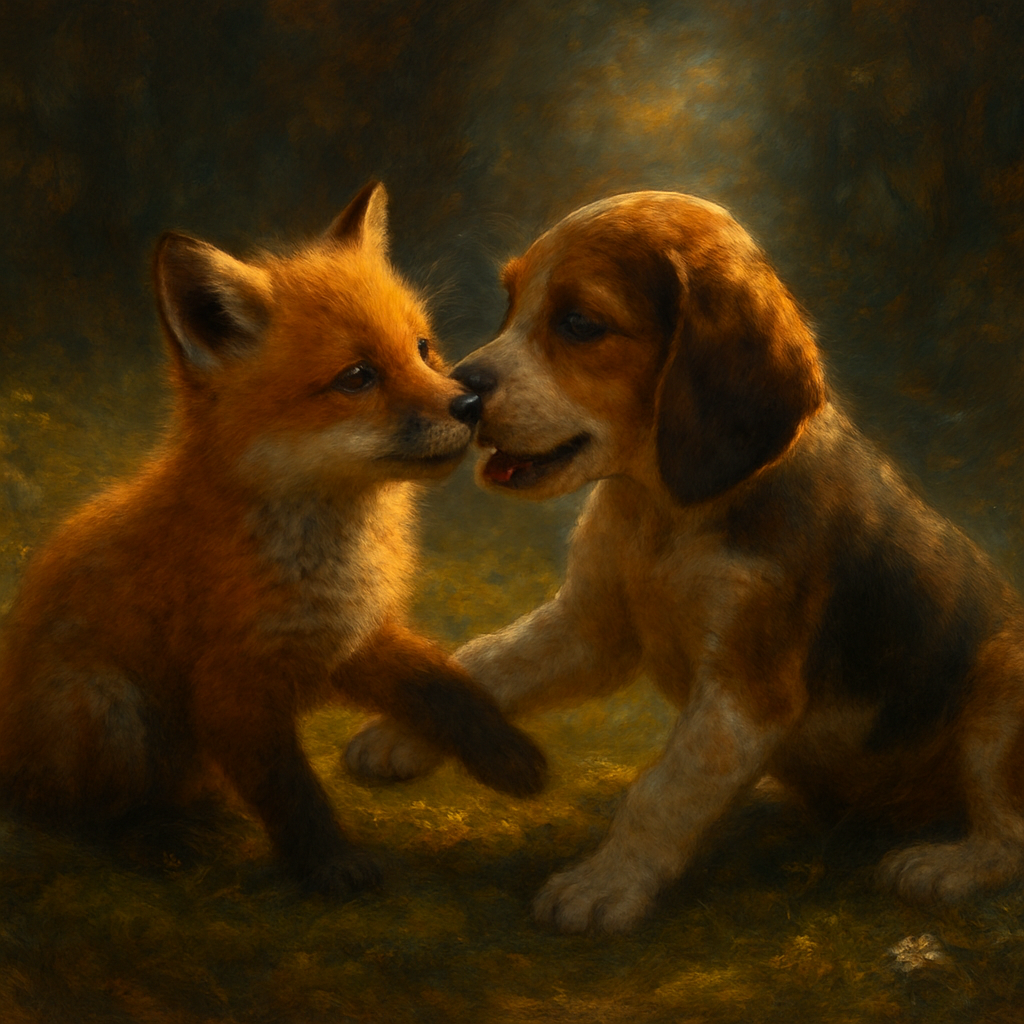 "Photorealistic image of a red fox pup and a hound puppy, in playing together. Set in a sun-dappled forest clearing with soft moss and wildflowers. Warm, golden-hour lighting. Emphasize tenderness, trust, and youthful affection. Highly detailed fur textures. Evokes the movie 'The Fox and the Hound' but with real animals.