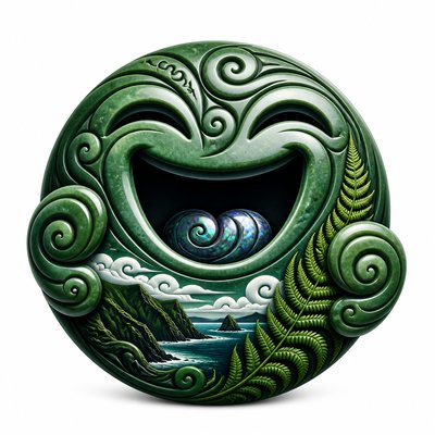 an exaggerated laughing face of an original round mascot character, bold and readable at small size, plain background, no text