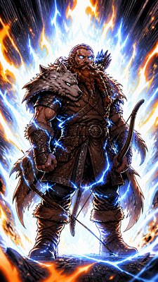 full-body original character: a dwarven ranger with a braided auburn beard, worn leather armor, a longbow and a wolf-pelt cloak, neutral background, no text