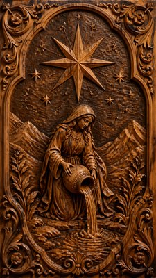 a robed figure pouring water beneath a large eight-pointed star in a night sky, symmetrical composition with an ornate decorative border, no text