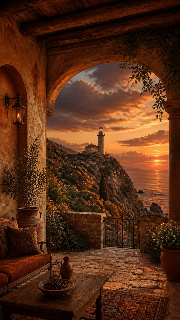 a lone lighthouse on a cliff at dusk under a dramatic sky, no text or lettering