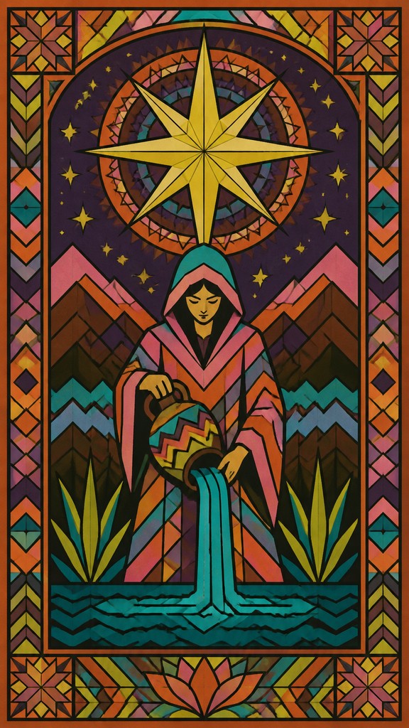 a robed figure pouring water beneath a large eight-pointed star in a night sky, symmetrical composition with an ornate decorative border, no text