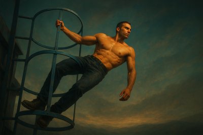 a painting of a shirtless man climbing a ladder