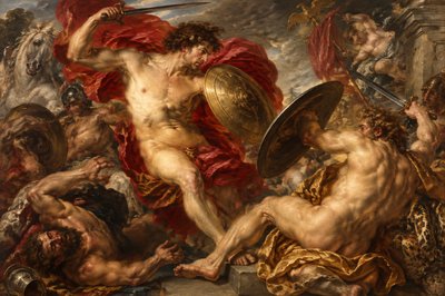 greco-roman ignudi warriors fighting with shield and sword