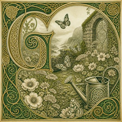 a garden scene with butterflies, flowers and a watering can, clean uncolored line art, no text