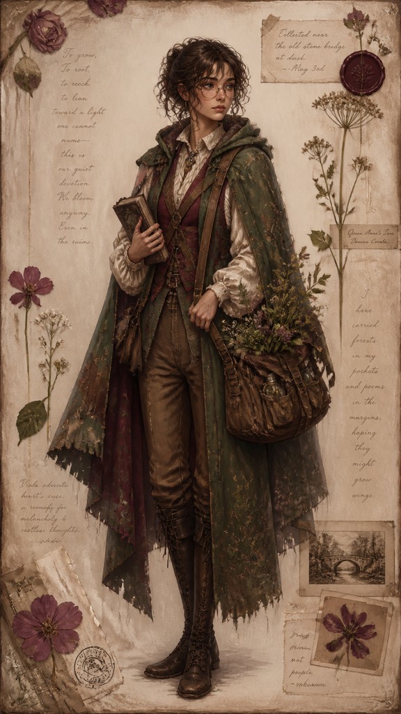 full-body original character: a wandering botanist with a satchel of plants, a patched green cloak, tall boots and round glasses, neutral background