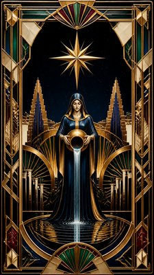 a robed figure pouring water beneath a large eight-pointed star in a night sky, symmetrical composition with an ornate decorative border, no text