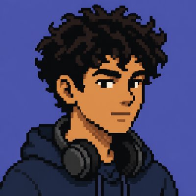 head-and-shoulders portrait of an original character: a young man with curly dark hair and headphones around his neck, plain backdrop, no text
