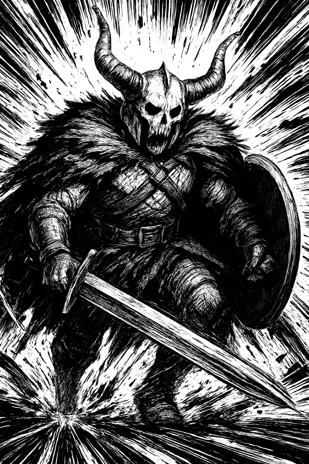 a black and white drawing of a demon holding a sword