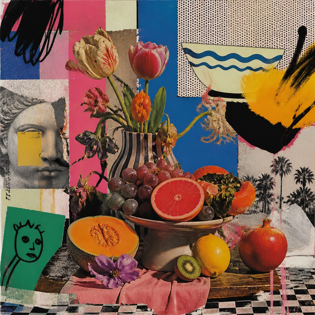 still life arrangement of fruits and flowers