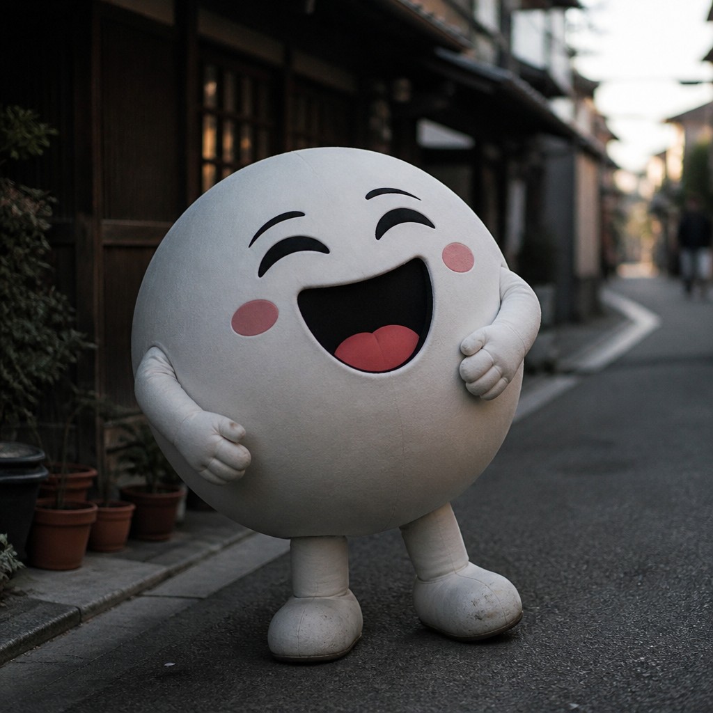 an exaggerated laughing face of an original round mascot character, bold and readable at small size, plain background, no text