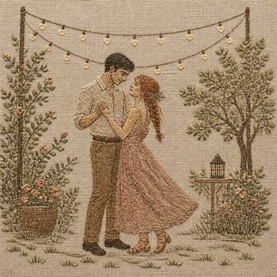 an original couple dancing under string lights in a garden at dusk: a man with short black hair in a linen shirt and a woman with braided red hair in a summer dress