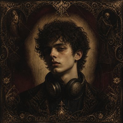 head-and-shoulders portrait of an original character: a young man with curly dark hair and headphones around his neck, plain backdrop, no text