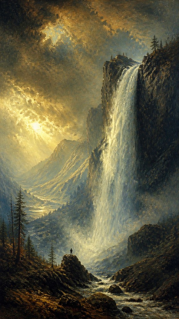 towering waterfall cascading down a cliff