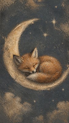 a sleeping baby fox curled on a crescent moon among soft stars, gentle and warm, no text