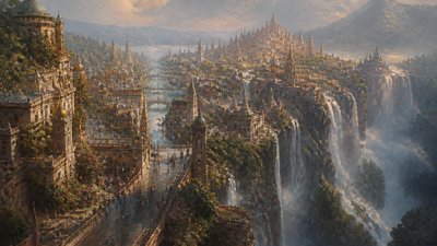 a cliffside city with waterfalls cascading into a misty canyon, wide establishing shot, no people, no text