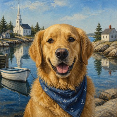 portrait of a golden retriever wearing a blue bandana, warm plain backdrop, no text