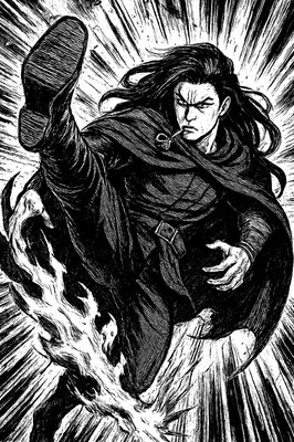 a drawing of a man with long hair and a cape