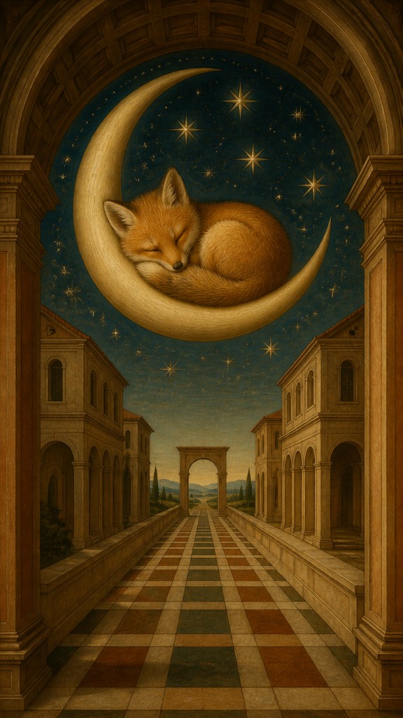 a sleeping baby fox curled on a crescent moon among soft stars, gentle and warm, no text