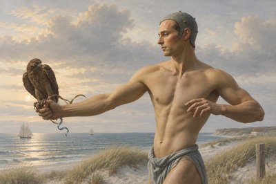 a painting of a man holding a hawk on a beach