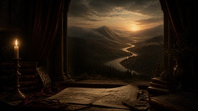 a vast valley with a river winding toward distant mountains at sunrise, no people, no text