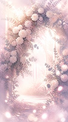 an arch of white roses and eucalyptus in soft morning light, elegant vertical composition with open space, no text