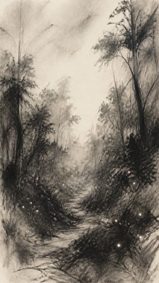 a mysterious forest path with fireflies and drifting mist, atmospheric vertical composition with open space at the top, no text