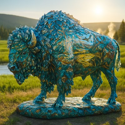    A breathtaking, full-size artistic sculpture of a standing buffalo, rendered entirely in the style of intricate, luminous glass art, reminiscent of the painted buffalo installations. The buffalo's majestic form is composed of countless individual pieces of vibrant, multifaceted stained glass or fused glass, meticulously cut, arranged, and joined.

    The entire surface of this glass buffalo is adorned with various miniature, finely detailed scenes and patterns etched, painted, or embedded within the glass itself, or created by the unique coloration and texture of the glass pieces. These scenes depict:

        Iconic Yellowstone landscapes: Old Faithful erupting in miniature, the Grand Canyon of the Yellowstone, geothermal pools.

        Local wildlife: Elk, bears, wolves, eagles (all rendered in the glass medium).

        Native American art motifs: Geometric patterns, symbols, and figures (also within the glass).

    The buffalo's interior is subtly illuminated, causing the entire sculpture to glow from within, acting as a beacon of art and nature. Light catches every facet of the glass, creating a dazzling play of refracted colors that project intricate patterns onto the surrounding natural environment.

    The setting is the glory of Yellowstone National Park, specifically an expansive, iconic vista. Perhaps in a verdant meadow with distant geysers steaming, or near a crystal-clear river. The morning sun, bright and golden, backlights the buffalo, intensifying its inner glow and creating a dramatic contrast with the rugged, natural beauty of the park. The atmosphere is one of awe, harmony between art and nature, and a profound celebration of the spirit of the American West. The artistic style is hyper-realistic, emphasizing the detailed texture, transparency, and brilliant light play inherent in glass art, seamlessly integrated into a vibrant, natural landscape.