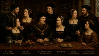 Sir Thomas More with his wife Lady Alice, his son John, his three daughters (Margaret, Elizabeth, and Cicely) along with their husbands, and adopted daughter Anne Cresacre
