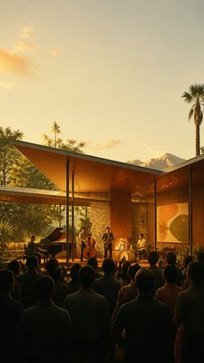a live music scene with a glowing stage and silhouetted crowd, energetic vertical composition with open space at the top, no text