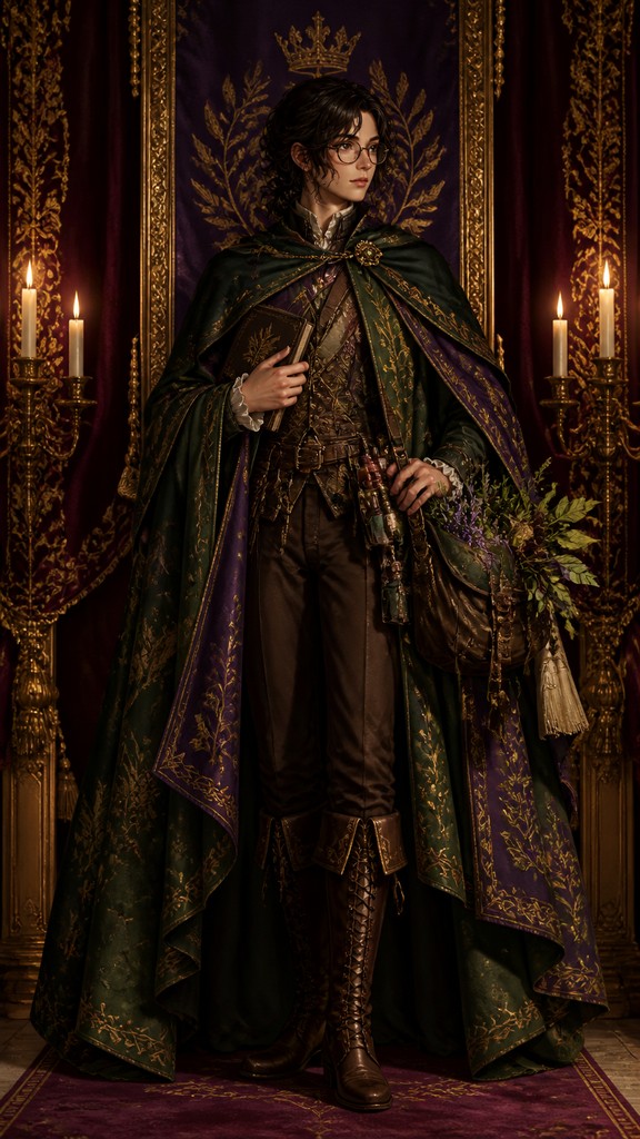 full-body original character: a wandering botanist with a satchel of plants, a patched green cloak, tall boots and round glasses, neutral background