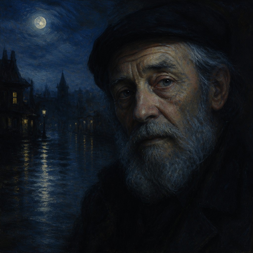 close-up portrait of an elderly person with expressive weathered features — Nocturne Painting Style