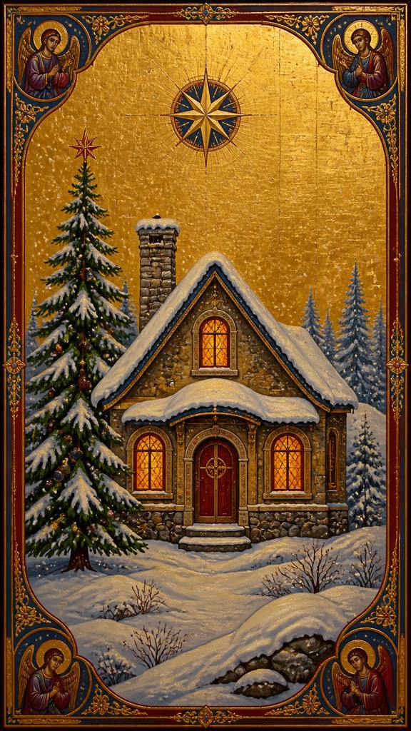 a snow-covered cottage with warm glowing windows beside a decorated pine tree, gentle snowfall, no text
