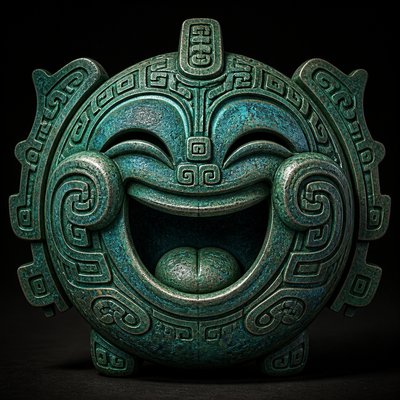 an exaggerated laughing face of an original round mascot character, bold and readable at small size, plain background, no text
