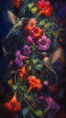 a climbing vine of flowers and hummingbirds on a dark background, tall wrapping composition, no text