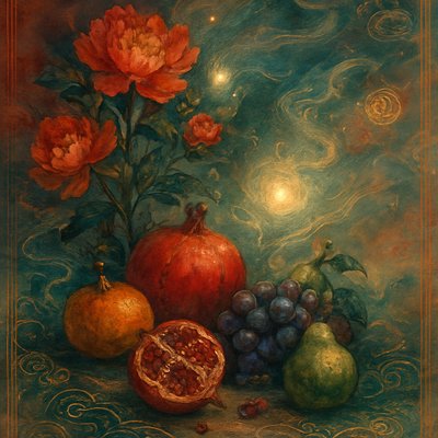 still life arrangement of fruits and flowers