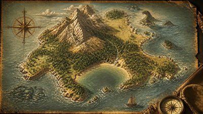 a map of an island realm with mountains, forests, a sheltered bay, sea monsters in the water and a compass rose, no text labels