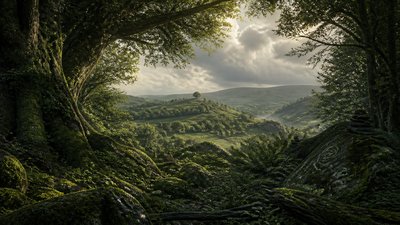rolling hills with scattered trees under a big dramatic sky, no people